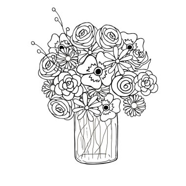 Kavanoza sevimli çiçek doodle. Tek renkli kroki güzel dekoratif bitki görüntü stok vektör çizim, boyama kitabı, antistress sayfa için baskı, web için