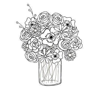 Doodle cute flower in jar. Monochrome sketch beautiful decorative plant image stock vector illustration for web, for print, for coloring book, for antistress page clipart