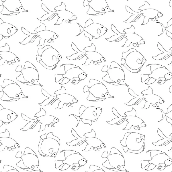 Peces Patrón Monocromo Sin Costura Esquema Negro Delgado Elemento Diseño — Vector de stock