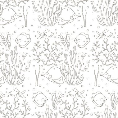 Yosun, mercan, Balık seamless modeli, antistress sayfa. Tek renkli tasarım öğesi hisse senedi vektör çizim için web, baskı, baskı kumaşlar için