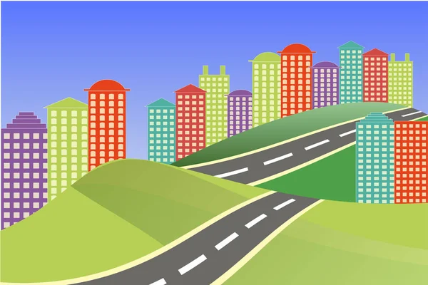 城市景观 五颜六色明亮的城市 灰色的高速公路 平面设计股票向量例证为网 为打印 — 图库矢量图片