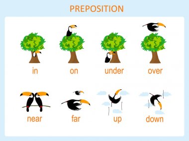 Preposition of motion for preschool, worksheet stock vector illustration, for education, for english lessons, for web, for print. Toucan and tree flat design, part 1