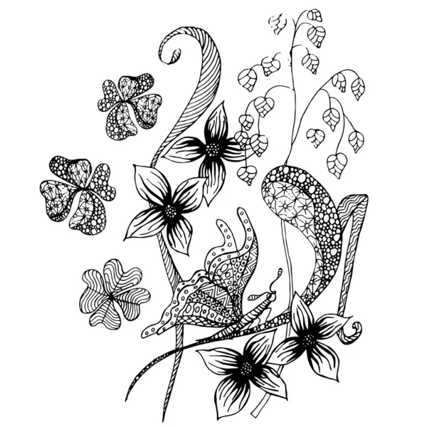 Flower Butterfly Zenart Antistress Page Monochrome Graphic Sketch Design Element — Stock Vector