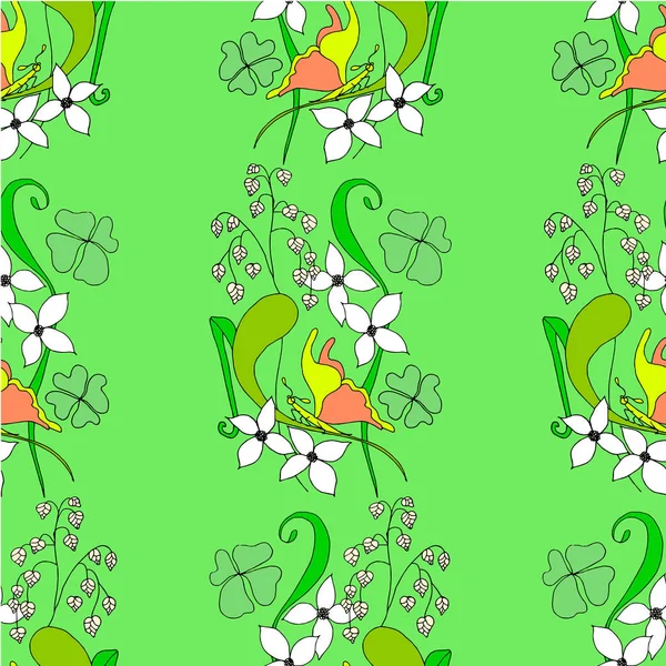 Fleur Papillon Motif Sans Couture Sur Vert Elément Conception Illustration — Image vectorielle