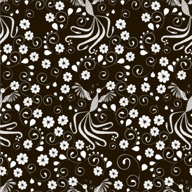 Sinekkuşu ve çiçekler tek renkli dikişsiz desen tasarım elemanı stok vektör illüstrasyon web için, baskı için, kumaş baskı için