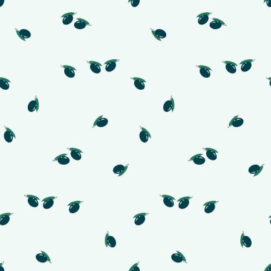Siyah zeytin dikişsiz desen meyve, web için açık mavi düz tasarım elemanı stok vektör illüstrasyon yeşil yaprakları, baskı için, ambalaj için, ürün tasarımı için, tabelclouse kumaş için