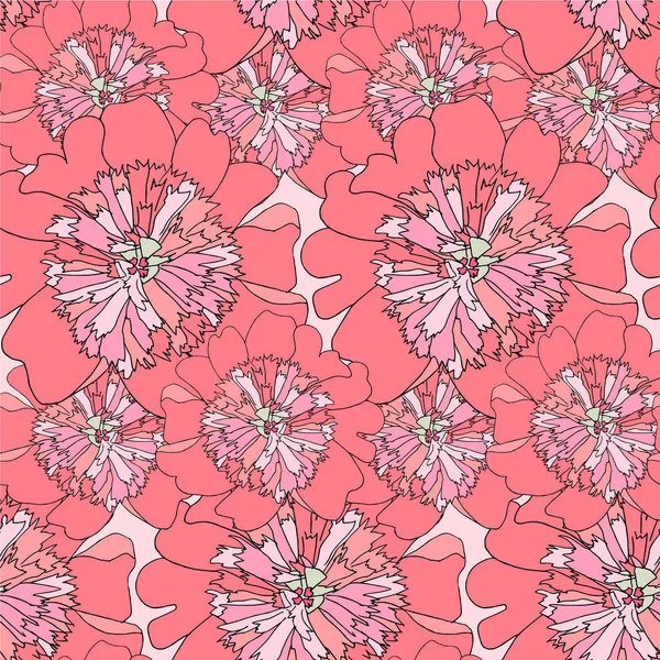 Pfingstrose Nahtlose Muster Rosa Blume Dünne Schwarze Umrisse Hintergrund Design — Stockvektor