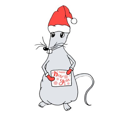 Fare el çizilmiş kroki. Renkli tasarım elemanı yeni yıl kap kurulu sevimli hayvan, web için Happy New Year tasarım stok vektör illüstrasyon yazı, baskı için