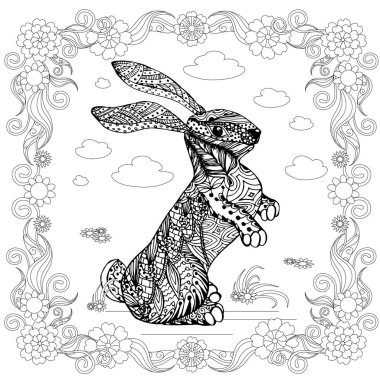 Çiçek çerçeve içinde Doodle tavşan, web için boyama sayfası antistress stok vektör illüstrasyon, baskı için