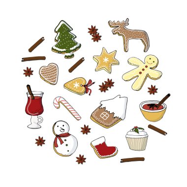 Noel ve kış farklı tatlılar beyaz izole nesneleri ayarlayın. El çizilmiş renk stok vektör illüstrasyon restoran ve kafe menüsü için şenlikli unsurları, web için
