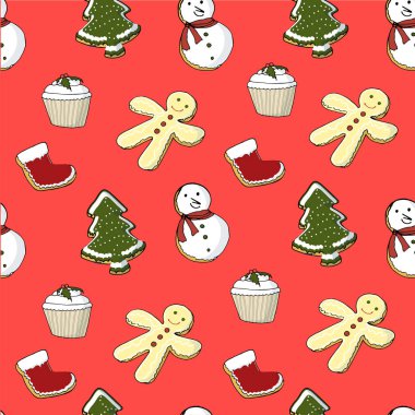 Cupcake, çorap, tatlılar, Noel ağacı, kurabiye, kardan adam, restoran ve kafe menüsü için kırmızı festival elemanları üzerinde zencefilli dikişsiz desen, web.art nesne izole stok vektör izolasyon için