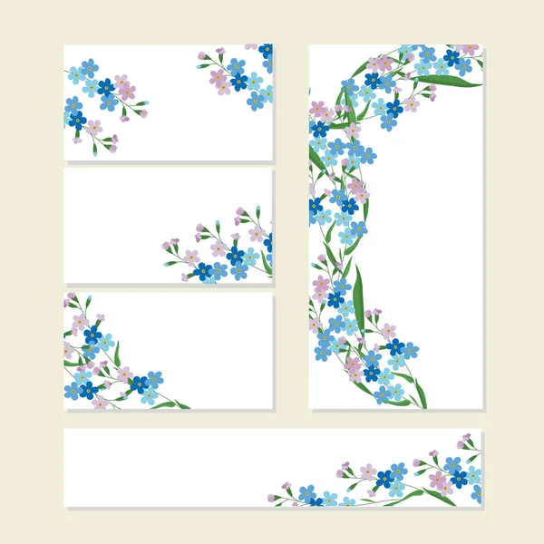 Plantillas Florales Verano Con Lindos Racimos Blue Forget Nots Blanco — Vector de stock