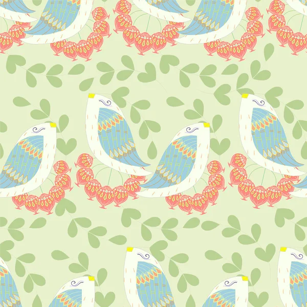 愛する鳥のシームレスなパターン 青い漫画の鳥 赤い果物 黄色のストックベクトルイラストの緑色の葉 印刷用 — ストックベクタ