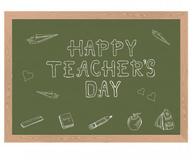 Öğretmenler günün kutlu olsun. Ahşap çerçeve yeşil pano üzerinde beyaz yazı, beyaz sarı kırmızı akçaağaç yaprakları