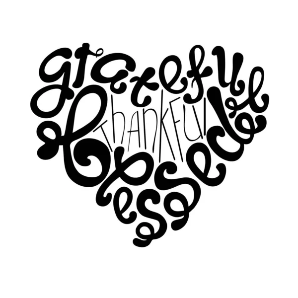 Banner Tipografía Gracioso Agradecido Bendito Letras Dibujadas Mano Arte Monocromo — Vector de stock