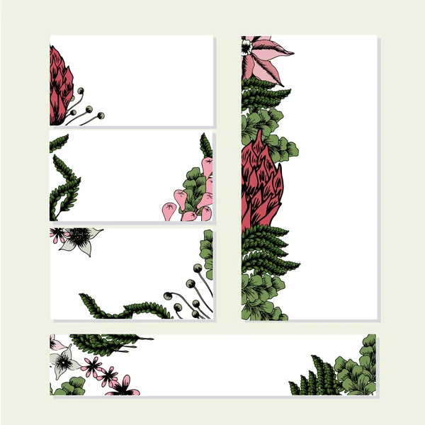 Çiçek şablonu seti. El çizilmiş pembe çiçekler yeşil bitkiler stok sanat tasarım elemanı web için stoock vektör illüstrasyon, baskı için