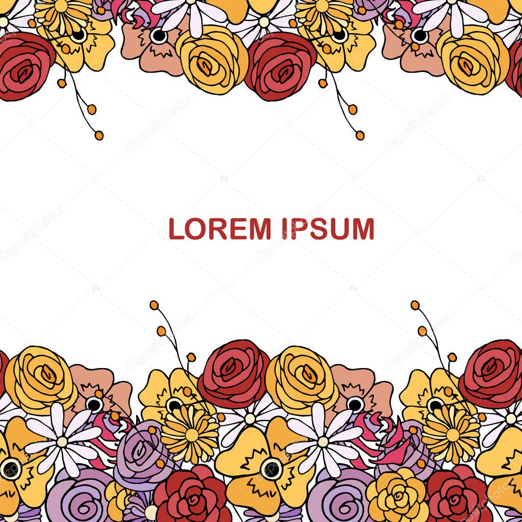 Floral hand drawn red yellow violet flowers background Lorem Ipsum art plants design element stock vector illustration for web, for print