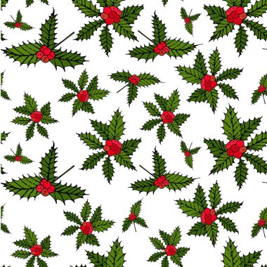 Holly sonsuz desen. Yeşil yaprakları kırmızı meyve el çizilmiş sanat tasarım elemanı stok vektör illüstrasyon web için, kış tatilleri için, baskı için, duvar kağıdı için, kağıt ambalaj için