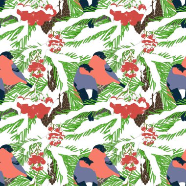 Köknar ağacı dalında bulfinch. Kırmızı kuş, kar ağacında yeşil, kırmızı meyve sanat kış tasarım elemanı stok vektör illüstrasyon web için, baskı için, kumaş baskı için