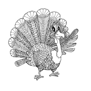 Tatlı hindi. Yetişkinler için, çocuklar için, web için, baskı sanatı tasarım unsurları için, monokrom renklendirme sayfası stok vektör ilülasyonu