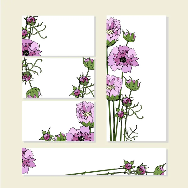 Conjunto Pancartas Flores Rosas Cosmos Planta Dibujada Mano Sobre Fondo — Vector de stock
