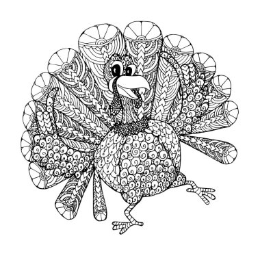 Tatlı hindi. Yetişkinler için, çocuklar için, web için, baskı sanatı tasarım unsurları için, monokrom renklendirme sayfası stok vektör ilülasyonu