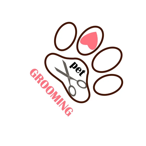 Pet Grooming Logo Czarny Zwierzęcy Odcisk Nożyczki Czerwone Serce Białym — Wektor stockowy