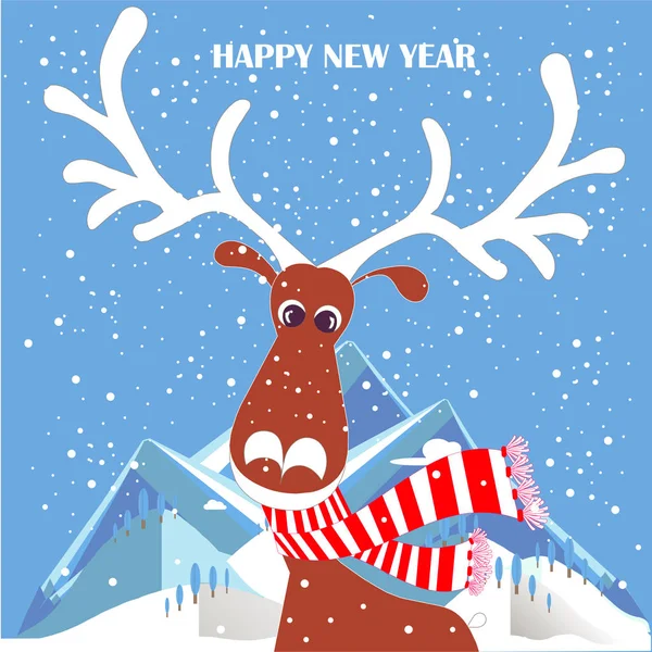 Dibujos Animados Ciervos Animal Paisaje Azul Montaña Feliz Año Nuevo — Vector de stock