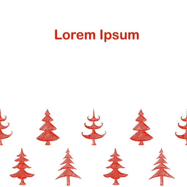 平らな木のシームレスな水平パターン ロレムIpsum ストロークハンドは ウェブ 印刷のための白い株式ベクトルのイラスト上の赤いスタイリッシュなクリスマスツリーを描きました カバーソーシャルメディアのための — ストックベクタ