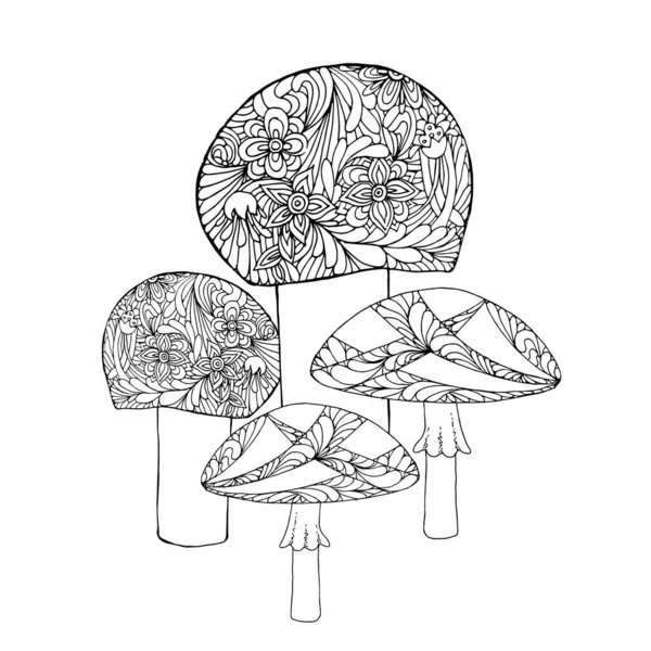 Cogumelo Doodle Set Arte Monocromático Design Estoque Vetor Ilustração Para — Vetor de Stock