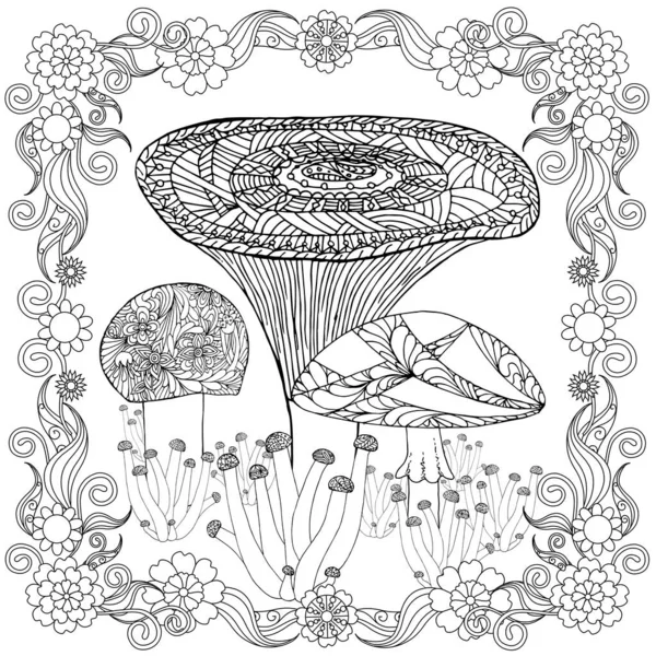 Cogumelo Doodle Quadro Floral Arte Monocromático Design Estoque Vetor Ilustração — Vetor de Stock
