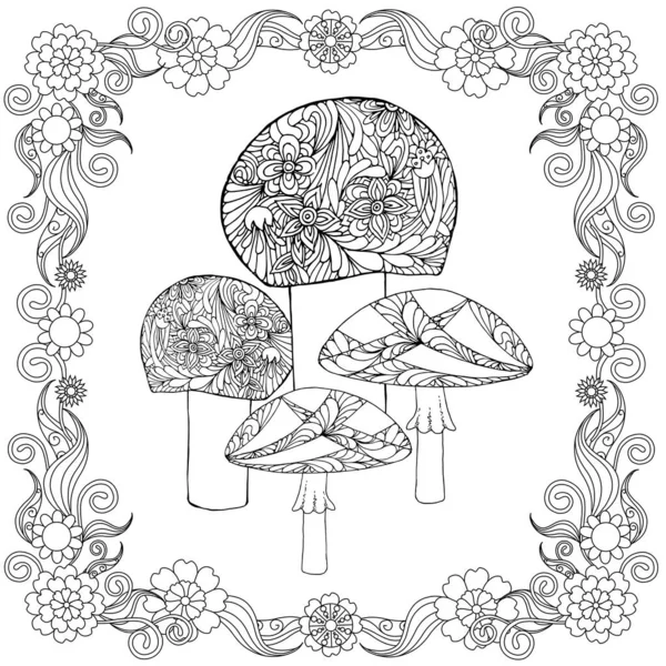 Mushroom Doodle Floral Frame Art Monochrome Design Stock Vector Illustration — 스톡 벡터