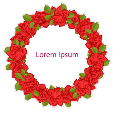 Kırmızı gül çelengi, yeşil yapraklar, Lorem Ipsum el çizimi mürekkep tasarımı elemanları web için stok vektör çizimi