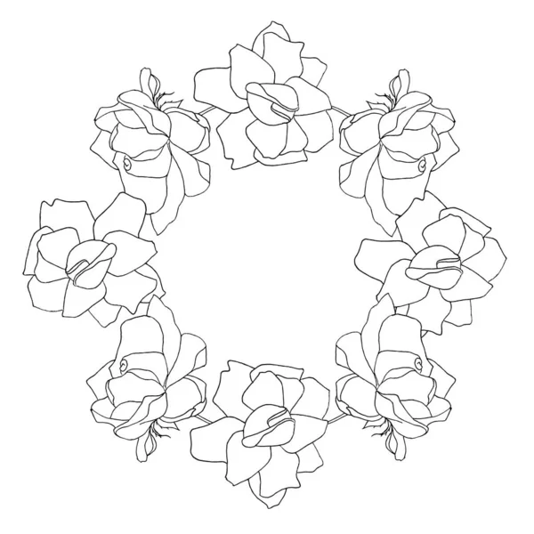 Černobílý Růžový Věnec Ručně Kreslený Inkoust Scketch Výtvarný Design Prvky — Stockový vektor