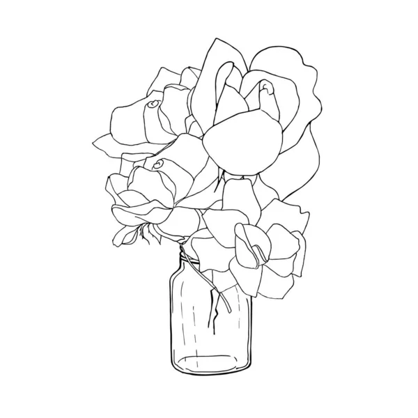 把可爱的玫瑰花放在罐子里 单色素描漂亮的装饰植物图像矢量画图 用于网络 着色书籍 抗压页 — 图库矢量图片