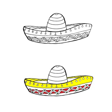 Sombrero ikonu. El çizimi mürekkep çizimi, monokrom ve renkli sanat tasarımı web için stok vektörü çizimi, baskı için