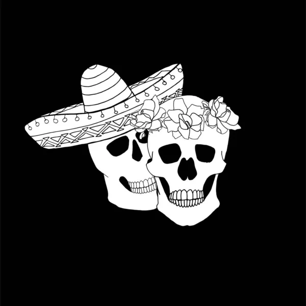 Paire Crâne Sombrero Crâne Couronne Rose Dessiné Main Encre Graphique — Image vectorielle