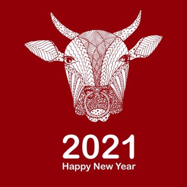 2021 Mutlu Yıllar tipografi afişi. Beyaz boğanın kulağı ağ için, basım için, tebrik kartı için kırmızıydı.