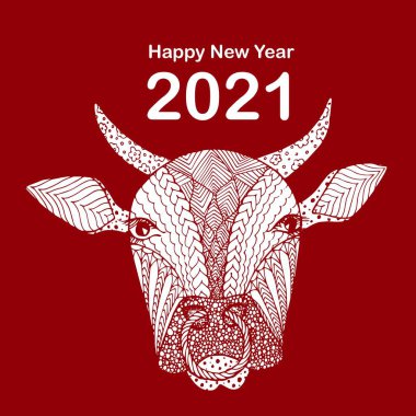 2021 Mutlu Yıllar tipografi afişi. Beyaz boğanın kulağı ağ için, basım için, tebrik kartı için kırmızıydı.