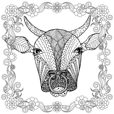 2021 Mutlu Yıllar tipografi afişi. Boğa başı çiçek desenli çerçeveyle ağ için, baskı için, boyama sayfası için beyaza karalama yapıyor.