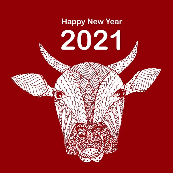 2021 Mutlu Yıllar tipografi afişi. Beyaz boğanın kulağı ağ için, basım için, tebrik kartı için kırmızıydı.