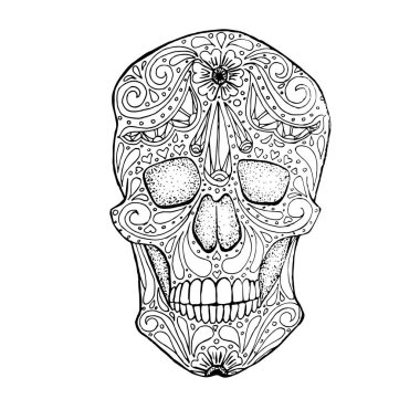 Doodle biçimlendirilmiş siyah beyaz şeker kafatası, elle çizilmiş mürekkep monokrom, stok vektör çizimi
