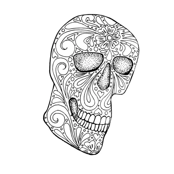 Crâne Sucre Noir Blanc Stylisé Doodle Encre Dessinée Main Monochrome — Image vectorielle