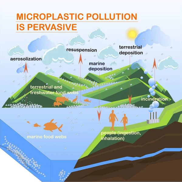 Microplastic Zanieczyszczenie Jest Wszechobecne Baner Mieszkania Element Projektu Wektor Ilustracja — Wektor stockowy