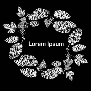 Bira markası. Beyaz oval çerçeve sanat monokrom tasarım unsurları üzerinde atlama bitki çerçevesi arkaplan ana hatları Web için stok vektör ilüstrasyonları, yazdırma