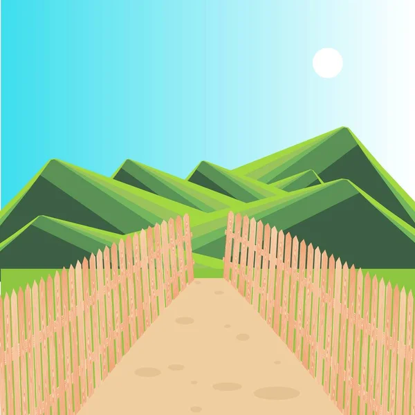 Горно Зеленый Ландшафтный Деревянный Забор Дорожка Голубое Небо Плоский Дизайн — стоковый вектор