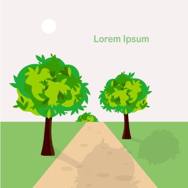 Yol yakınındaki yeşil ağaç peyzaj gri gökyüzü Lorem Ipsum düz tasarım sanat tasarımı web için stok vektörü illüstrasyonuName
