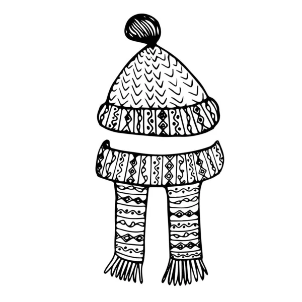 Kışın Örülmüş Sıcak Şapka Eşarp Monokrom Mürekkep Çizimi Baskı Için — Stok Vektör
