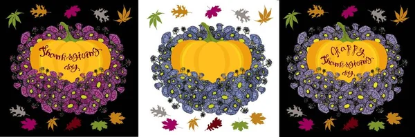 Ensemble Bannière Pour Thanksgiving Day Lettrage Sur Citrouille Orange Violet — Image vectorielle