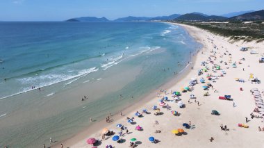 Florianopolis 'teki Joaquina Sahili' nin havadan görünüşü turkuaz Atlantik Okyanusu 'nu ve güneşli bir yaz gününde Santa Catarina' daki insan ve şemsiyelerle dolu kumları gözler önüne seriyor..